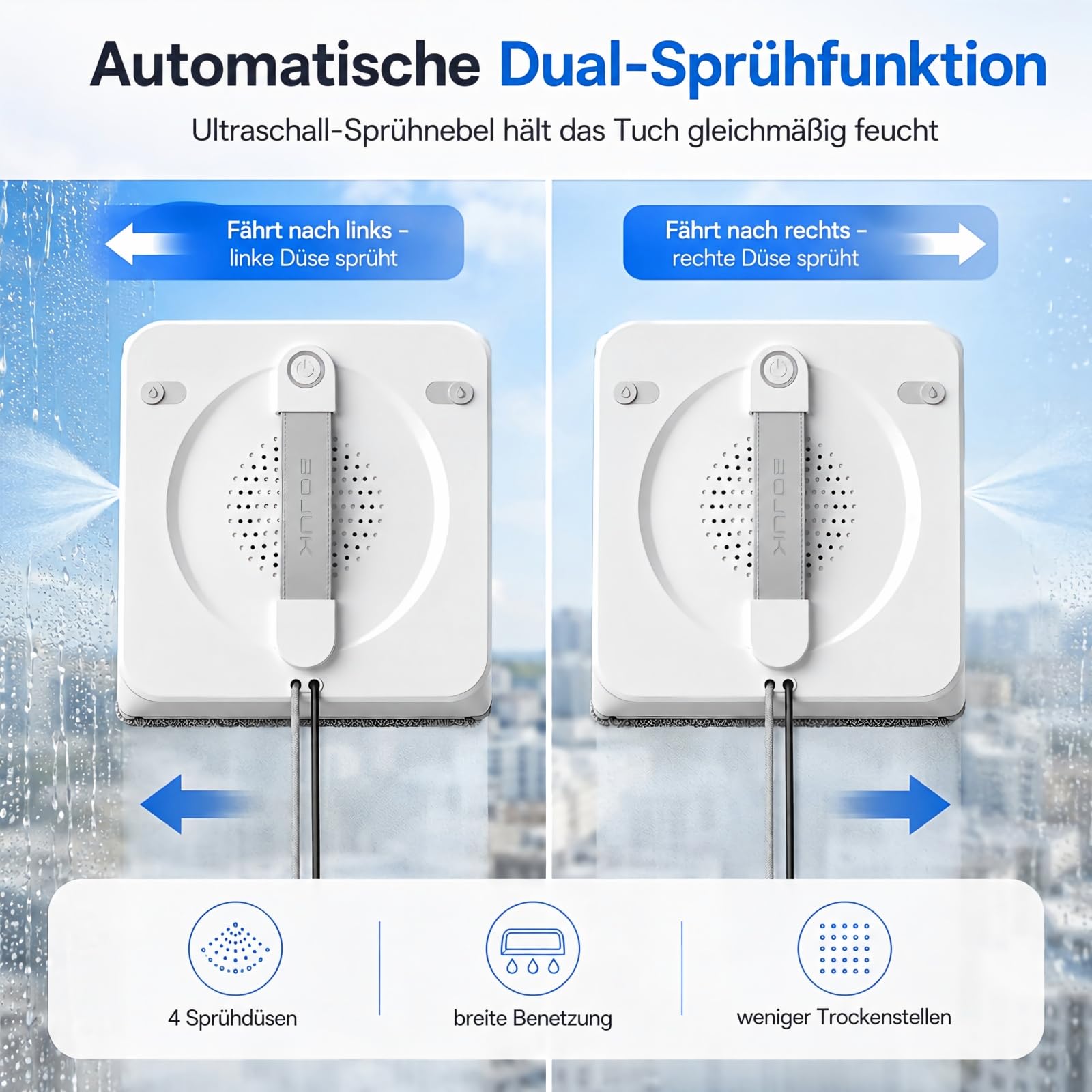 Fensterputzroboter mit 5000Pa Saugkraft & 4-Düsen Sprühsystem | Intelligenter Fensterroboter mit Automatischer Wassersprühfunktion & Kantenerkennung, 3 Reinigungsmodi