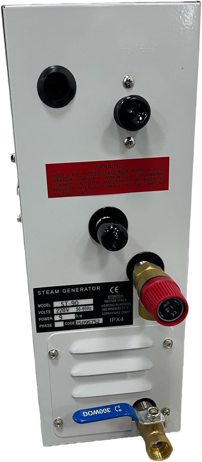 Side view of the steam generator showing water inlet, steam outlet, and drain connections