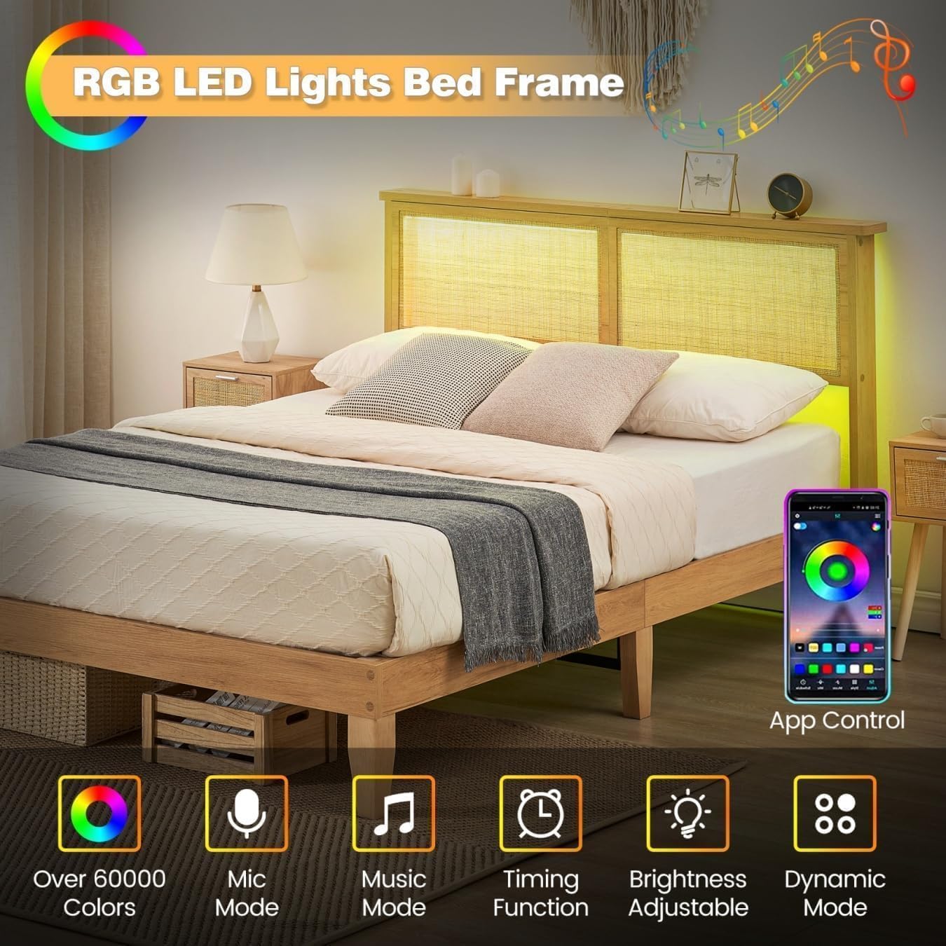 Bed frame with RGB LED lights in the headboard, controlled via a smartphone app
