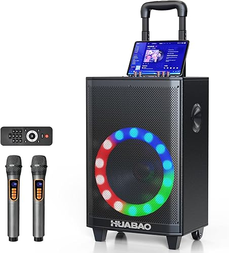 Miniatura 10 de Máquina de karaoke con 2 micrófonos inalámbricos, ruedas giratorias y carrito – Altavoz Bluetooth portátil de 8800 mAh, sistema PA con luces, graves