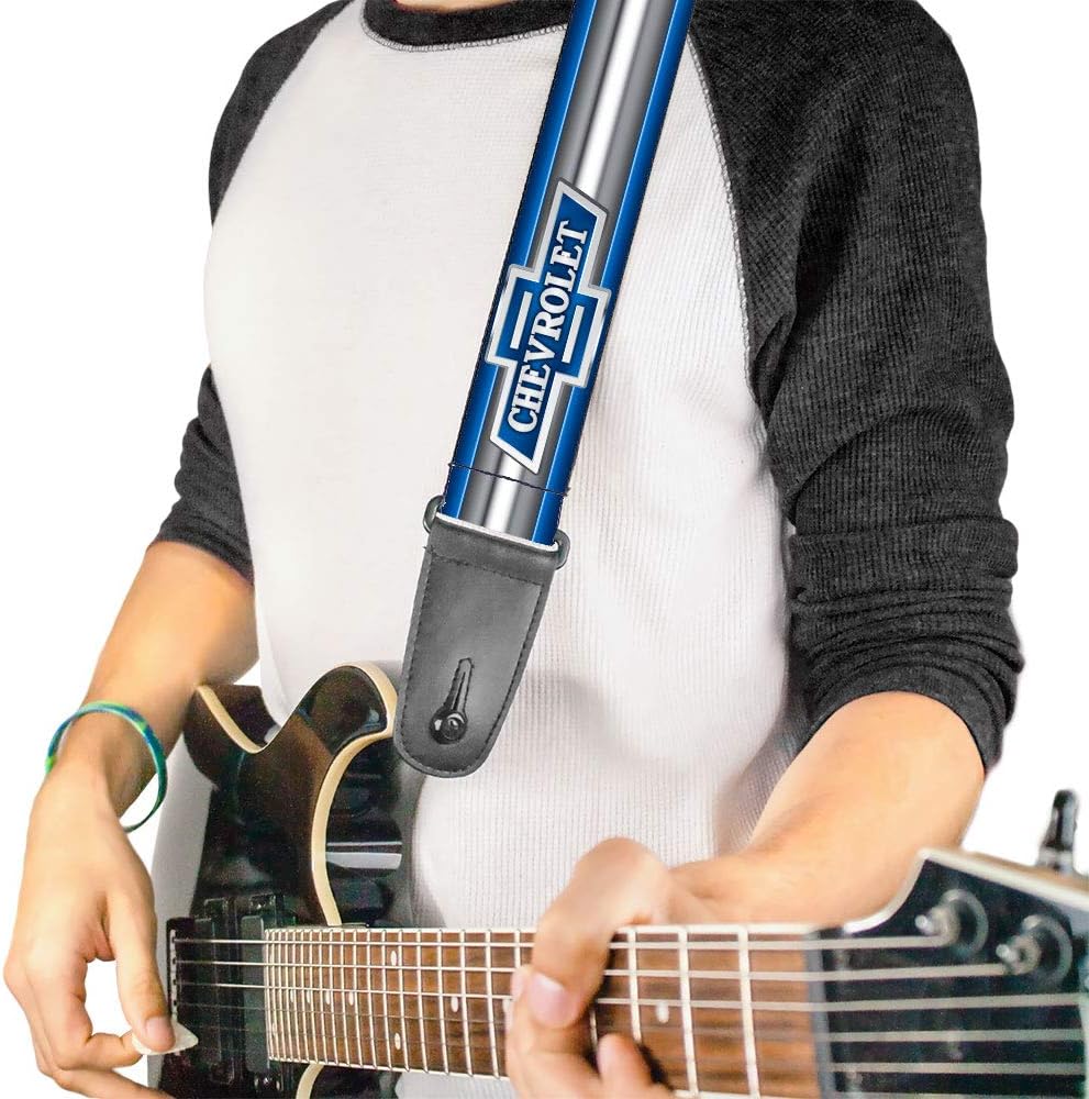 Buckle-Down Guitar Strap - 1929 Chevrolet Bowtie Logo/Stripe Blue/Silver/Blue - 2" Wide - 29-54" Length