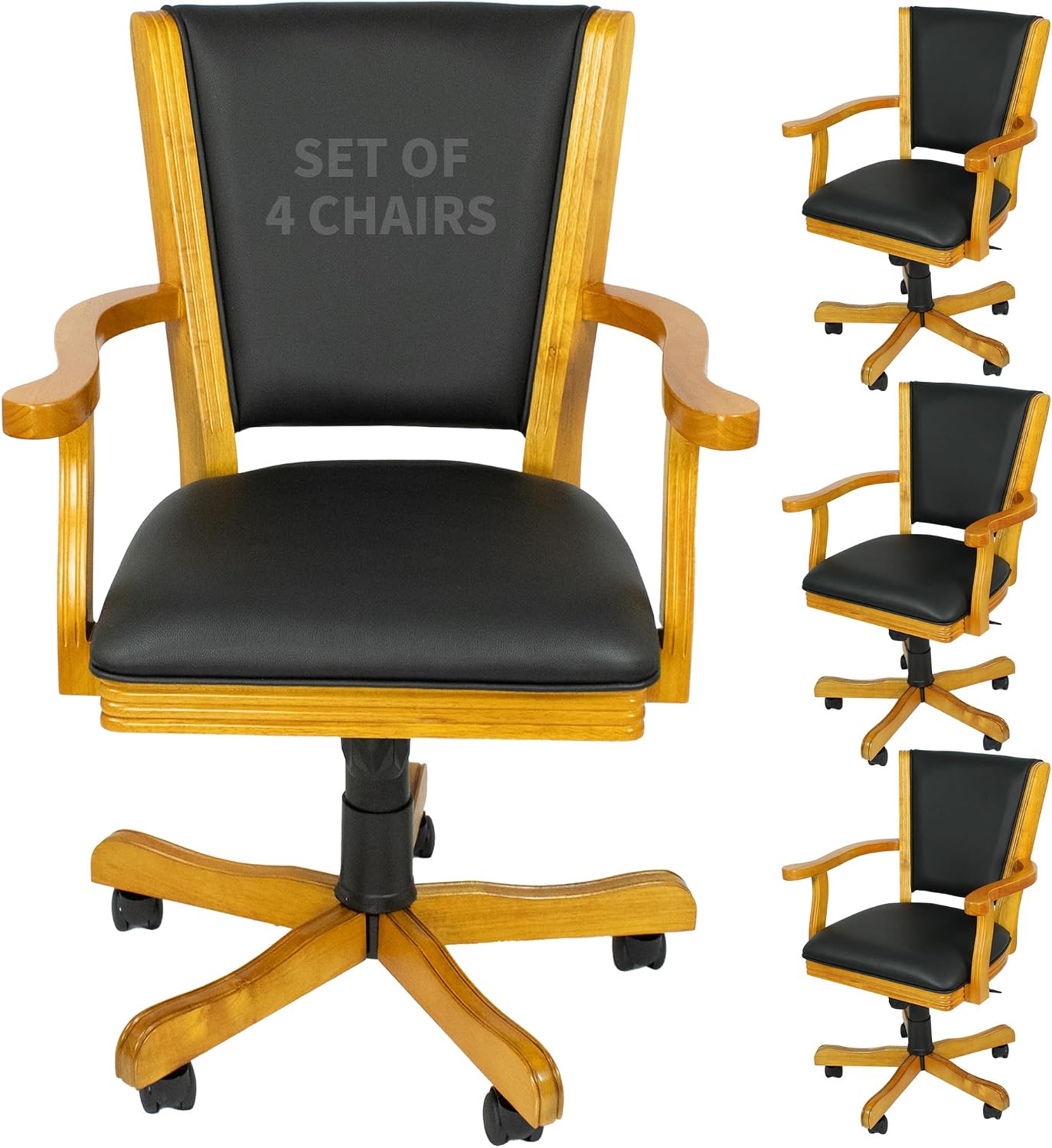 Hathaway Kingston Poker Table Chairs Set of 4 - Dark Oak Poker Chairs with Adjustable Height, Gas Tilt & Swivel Mechanism, and Black Leatherette Upholstery - Compliments The Kingston Poker Set