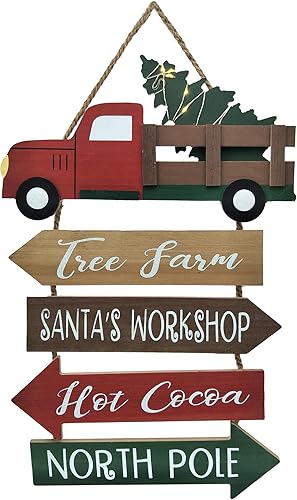 Decoraciones de Navidad para interiores, árbol de Navidad con luz LED, letrero de pared de camión rojo, letrero de madera para colgar en la puerta,