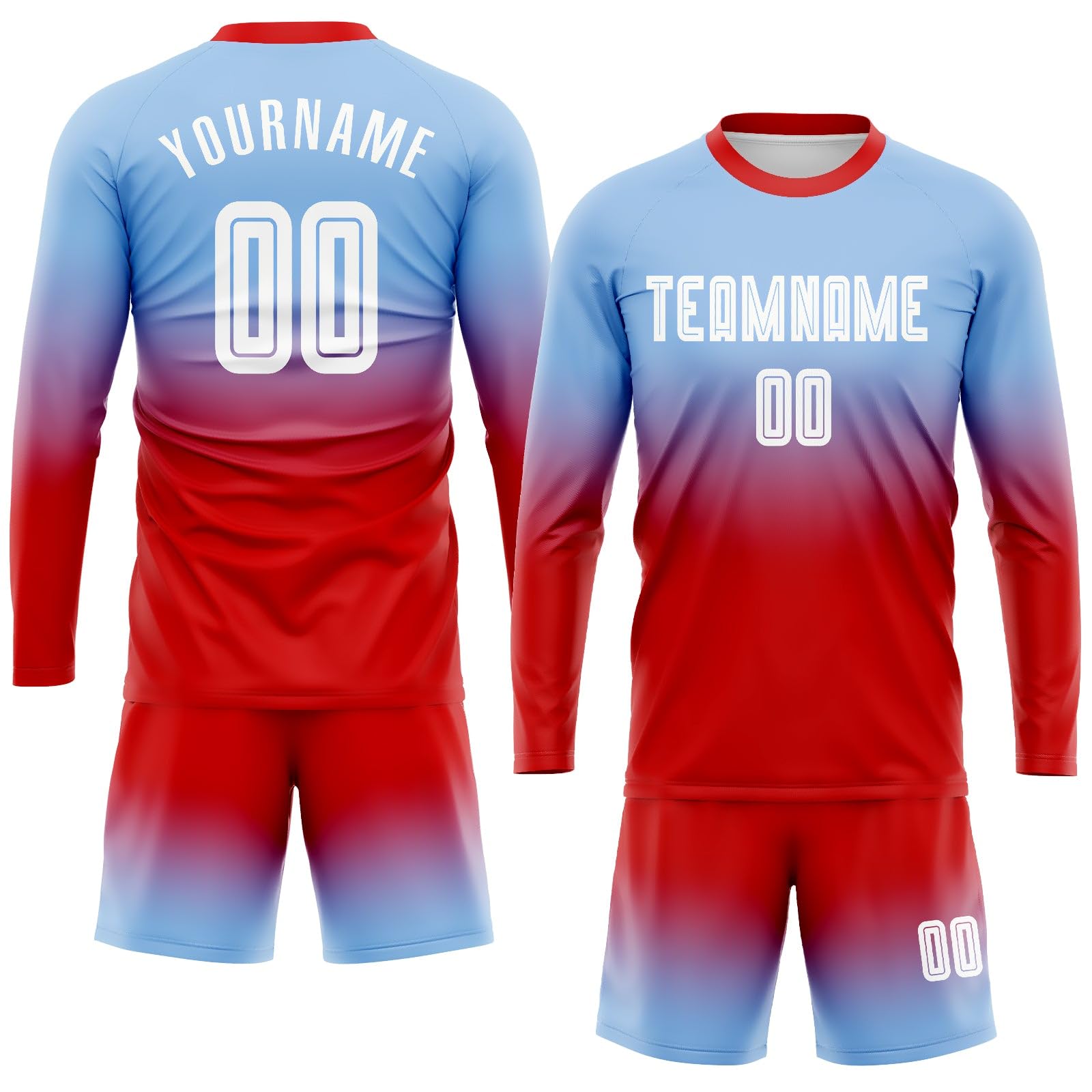 Generic Custom Soccer Jerseys for Men Women Youth, Light Blue Red Personalized Long Sleeve Soccer Jersey Printed Name Number Logo Mens Clothing