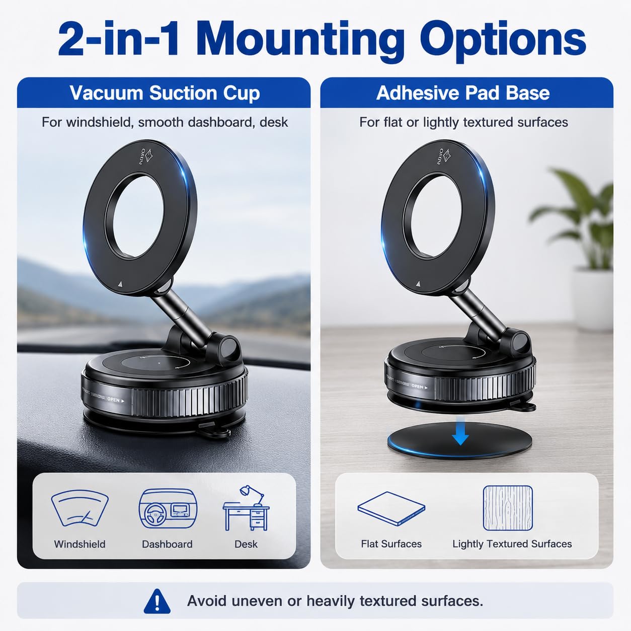 Soporte magnético para teléfono de coche, ventosa al vacío y almohadilla adhesiva, soporte 2 en 1, 24 imanes N52, rotación de 360°, soporte universal compatible con MagSafe para salpicadero