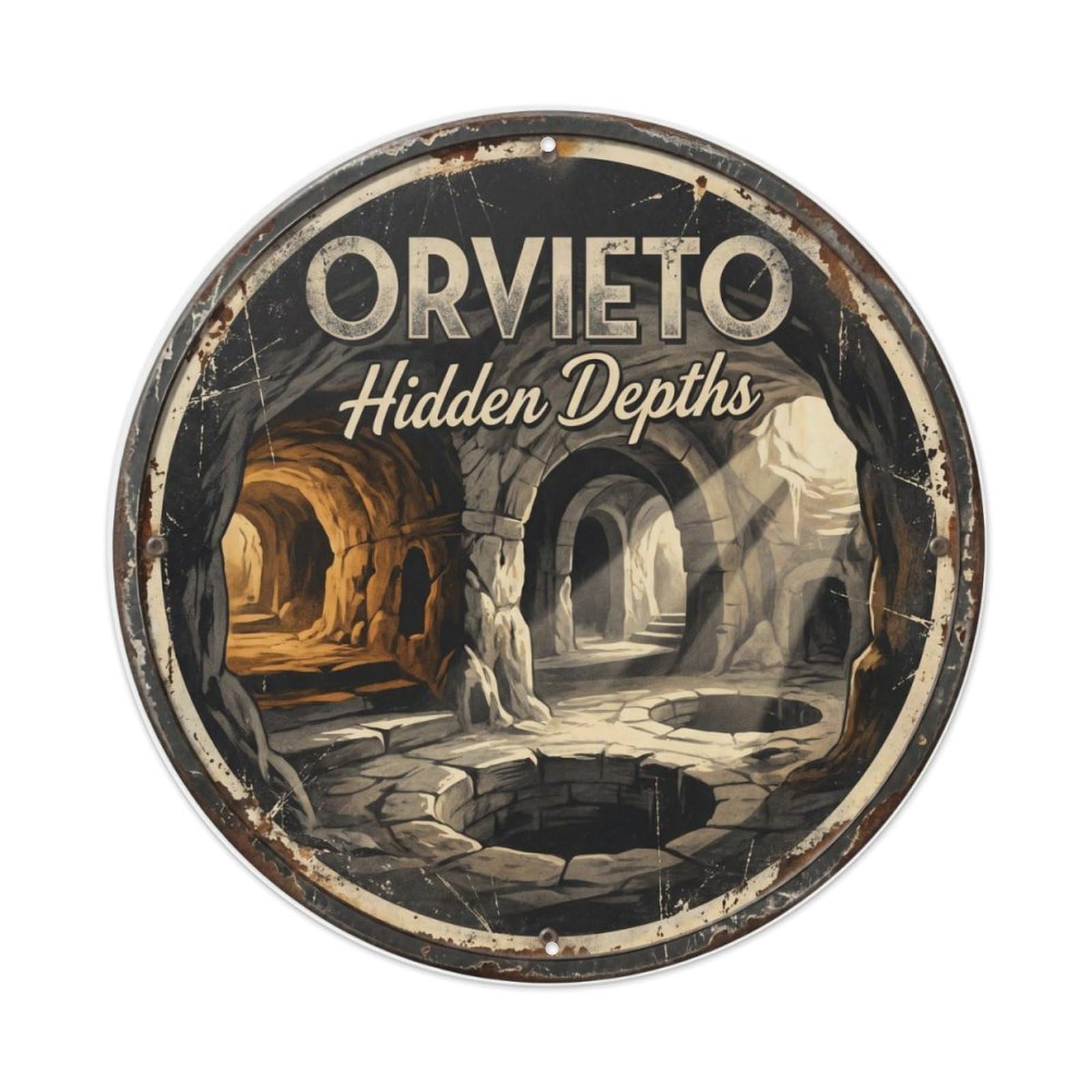 Vintage Travel Orvieto Underground Italy Metal Tin Sign Plaque Wall Decor for Cafe, Club Bar, Office, Home Garden Round Metal Poster 8x8Inch