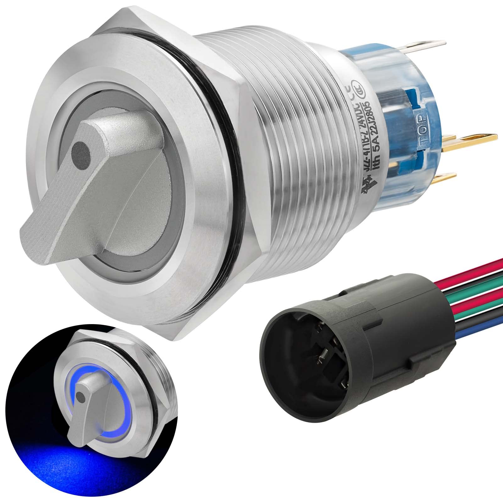 UL Listed 22mm Rotary Switch Selector Start Stop 2 Position for 12V~24V Blue Led Light On Off Switch 5Amp Latching SPDT Stainless Steel with Wire