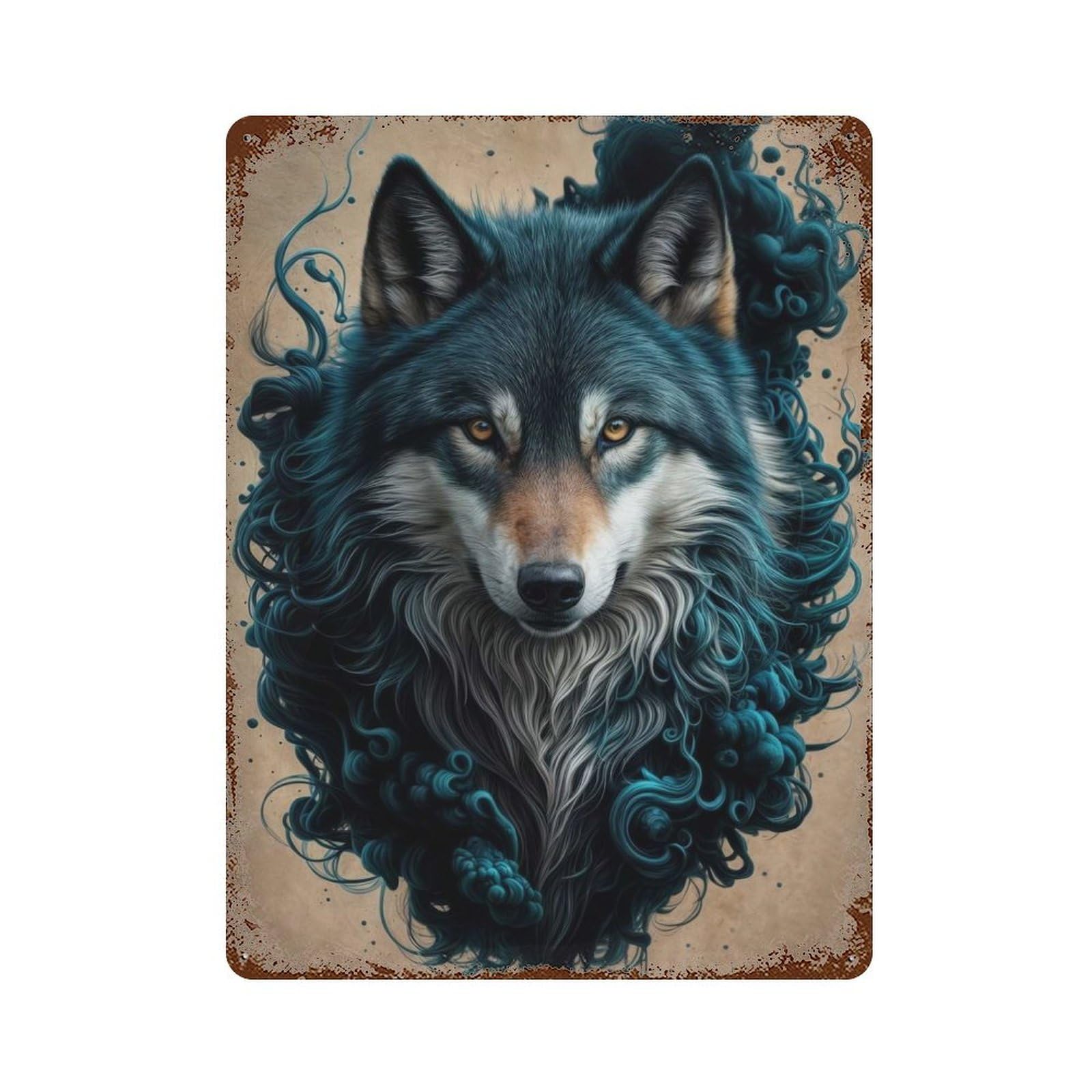 Wolf in Blue Smoke Distressed Metal Wall Sign 15.7"x11.8", Ideal for Garage, Bar And Workshop Decor