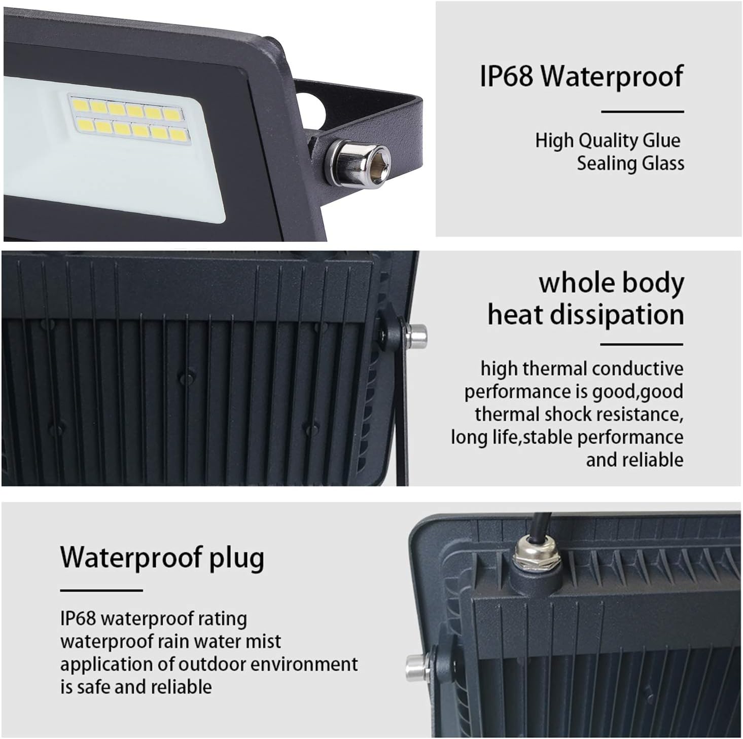 Miwat 10W LED Working Light, IP68 Waterproof Outdoor Floodlight with Plug for Garden Wall Background Basement Studio(3x2")