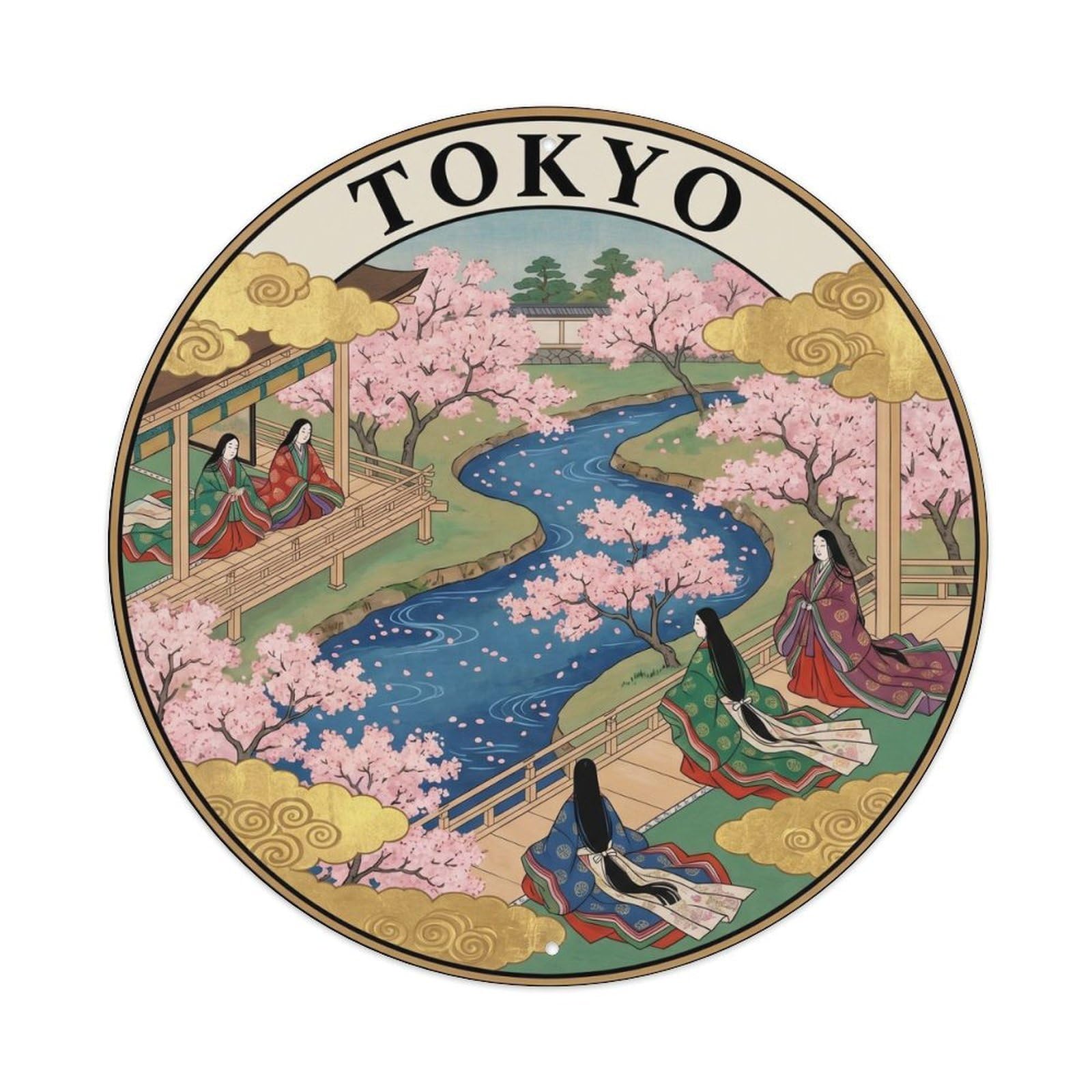 Olyhtr 8X8inch Classic Style Sakura Imperial Palace Spring Yamato E Pink Azurite Metal Tin Sign