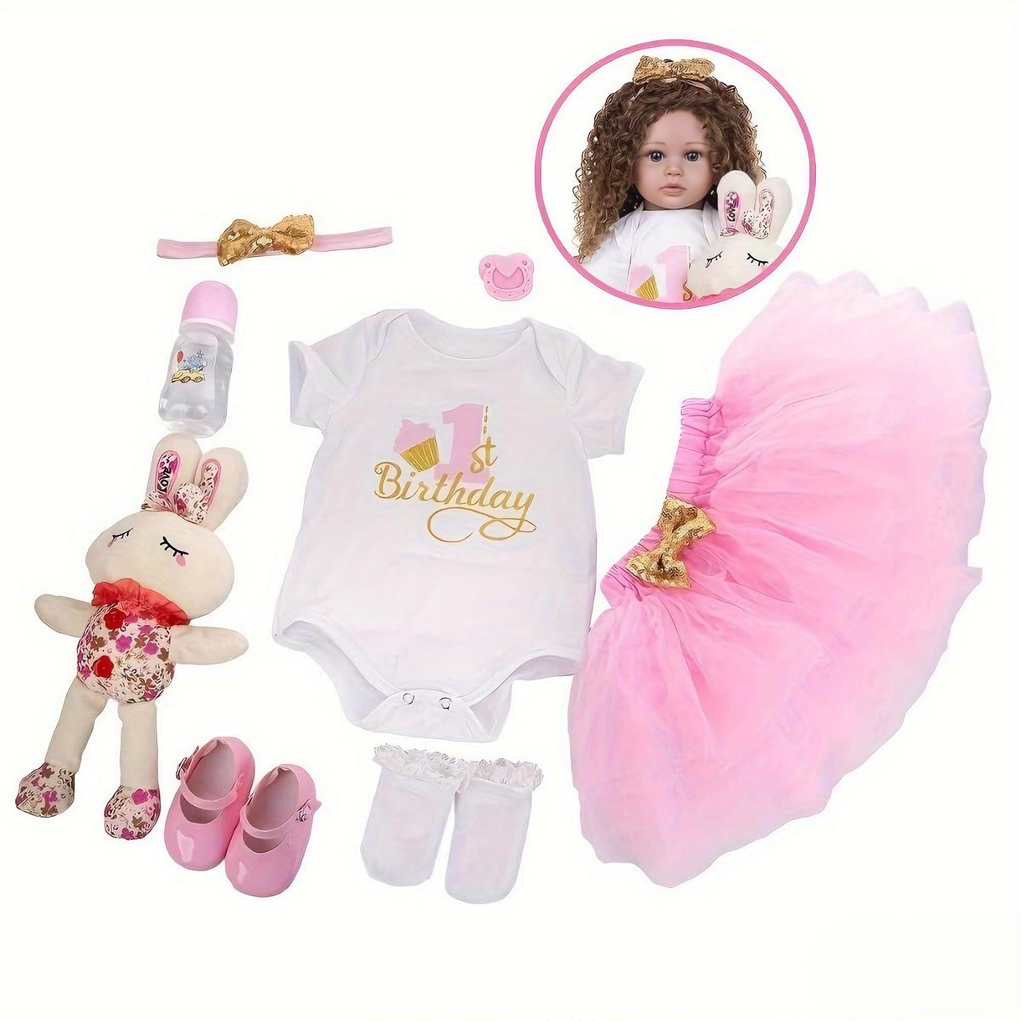 61 cm große echte Babygröße, Reborn-Kleinkind-Mädchenpuppe, verwurzeltes braunes lockiges Haar, weiche Vinyl-Gliedmaßen und Stoffkörper, lebensechte Reborn-Baby-Puppe, die echt lebensecht aussieht