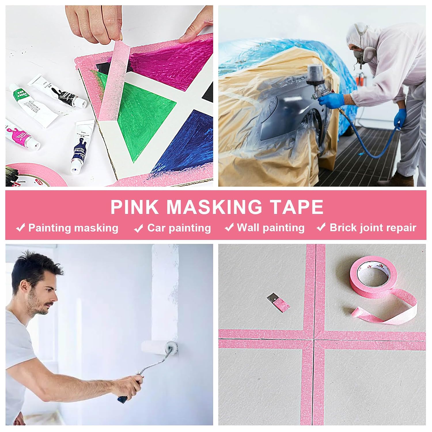 BOMEI PACK Pink Painters Tape 1 Inch Bulk - Paint Tape 10 Rolls x 1 Inch x 55 Yards - Painter's Tape Pink Masking Tape for Walls Painting, DIY Crafting, and School Projects, Total 550 Yards
