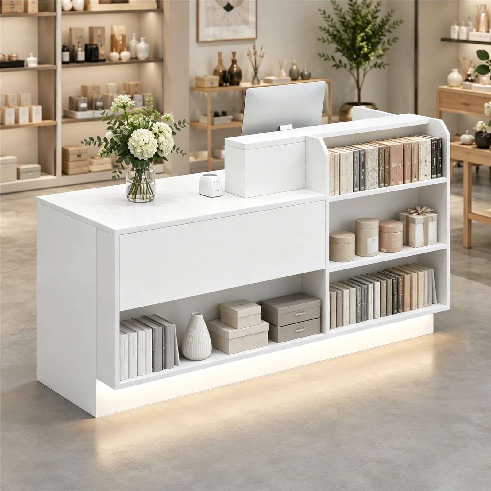 Empfang Rezeption mit Regal und Stauraum, moderne Kassentheke für Ladenbau