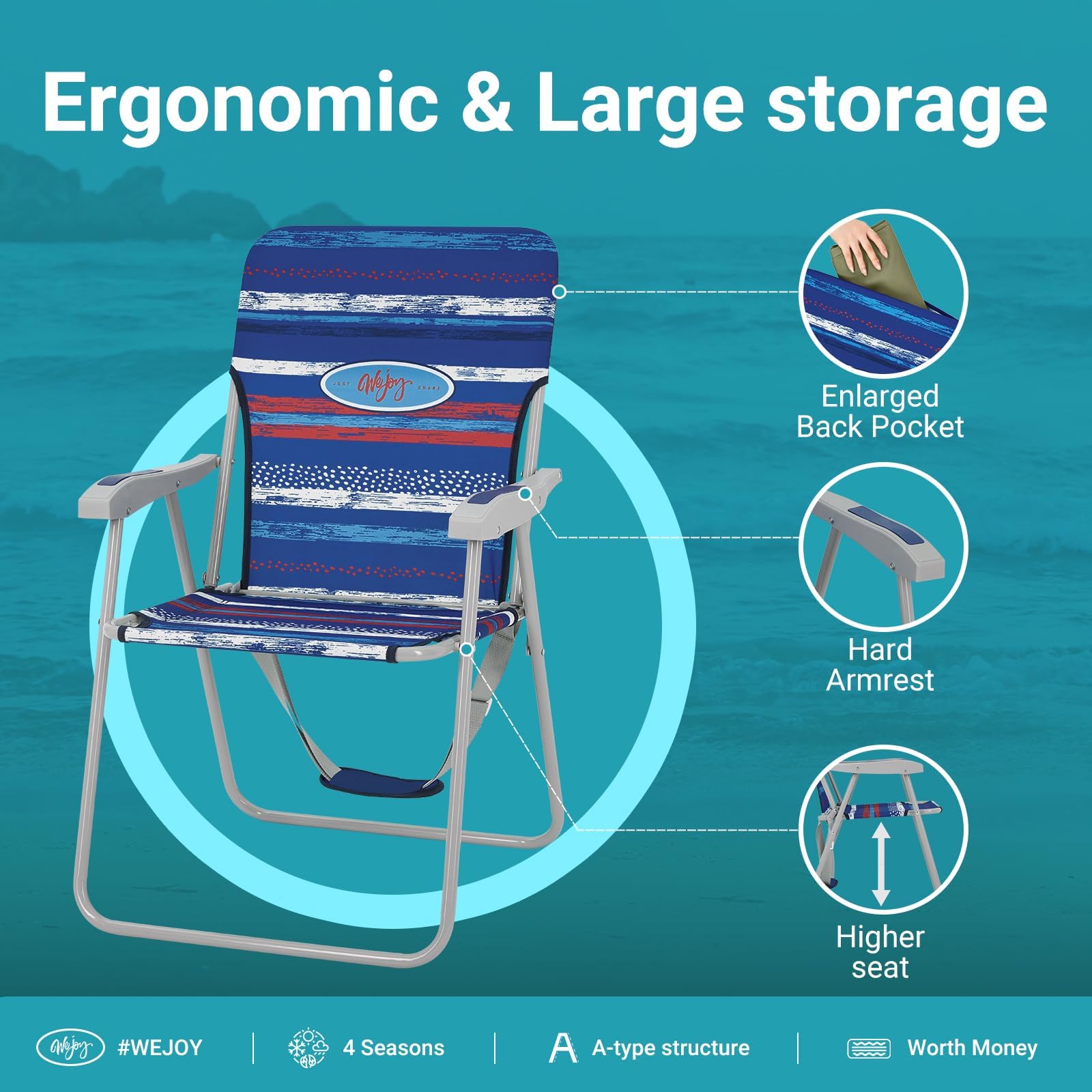 #WEJOY Sedia da Spiaggia Pieghevole, Sedia da Mare Leggera con Schienale Alto Portatile con Tracolla, Spiaggina Mare Sedia da Campeggio Esterno Giardino Picnic Piscina, 1/2 Pezzi