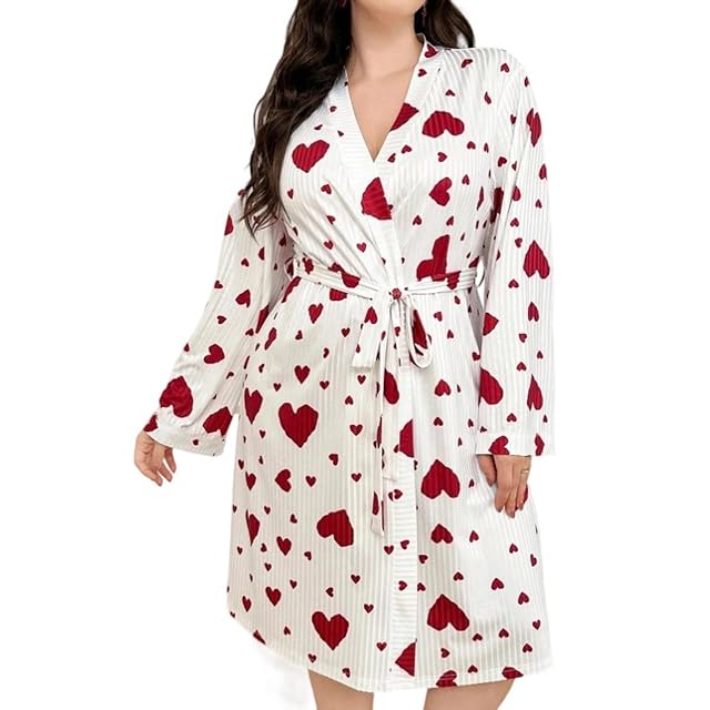 Xiaojmake Womens Fleece Plush Robe Heart Printed Fluffy Fuzzy Pajamas Cozy Warm Bathrobe Mid Length Shower Spa Housecoat