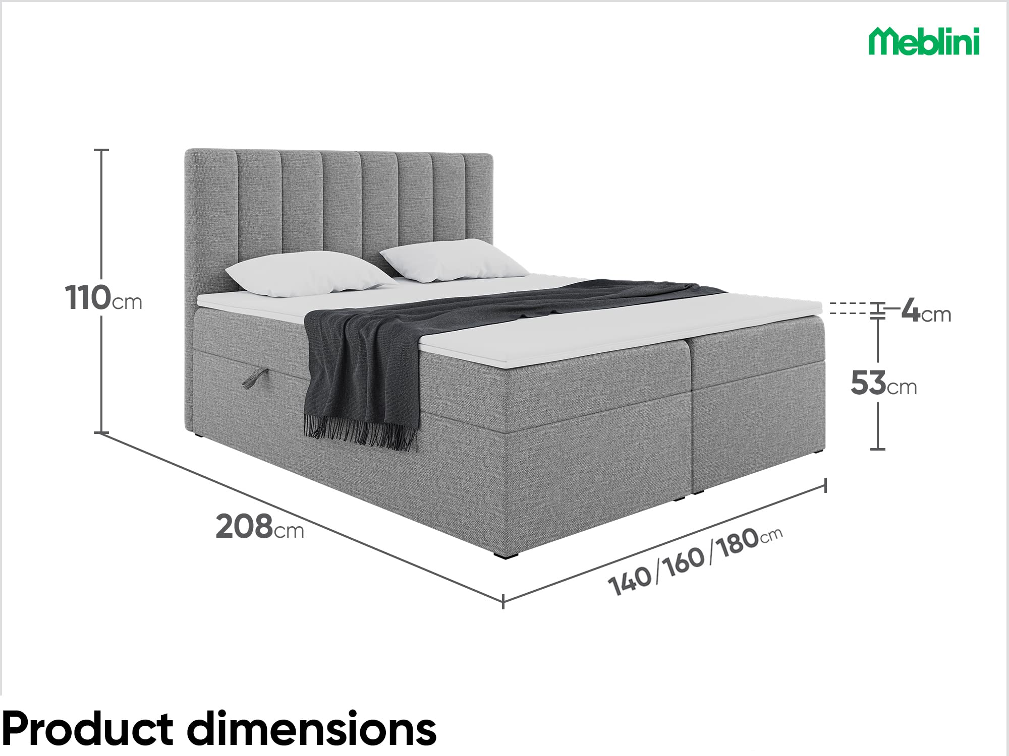 MEBLINI Boxspringbett mit Bettkasten - 180x200 - Gepolstert Doppelbett mit Matratze und Topper - Polsterbett mit Stauraum - Bett mit Kopfteil - Stauraumbett - Erling - H3/Grau Webstoff