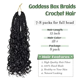 Goddess Box Braids Crochet Hair 12 Inch 8 Packs Pre-looped Bohemian Crochet Boho Box Braids With Curly Ends 3X Crochet Braids for Women Synthetic Braiding Hair (12 inch, 1B)