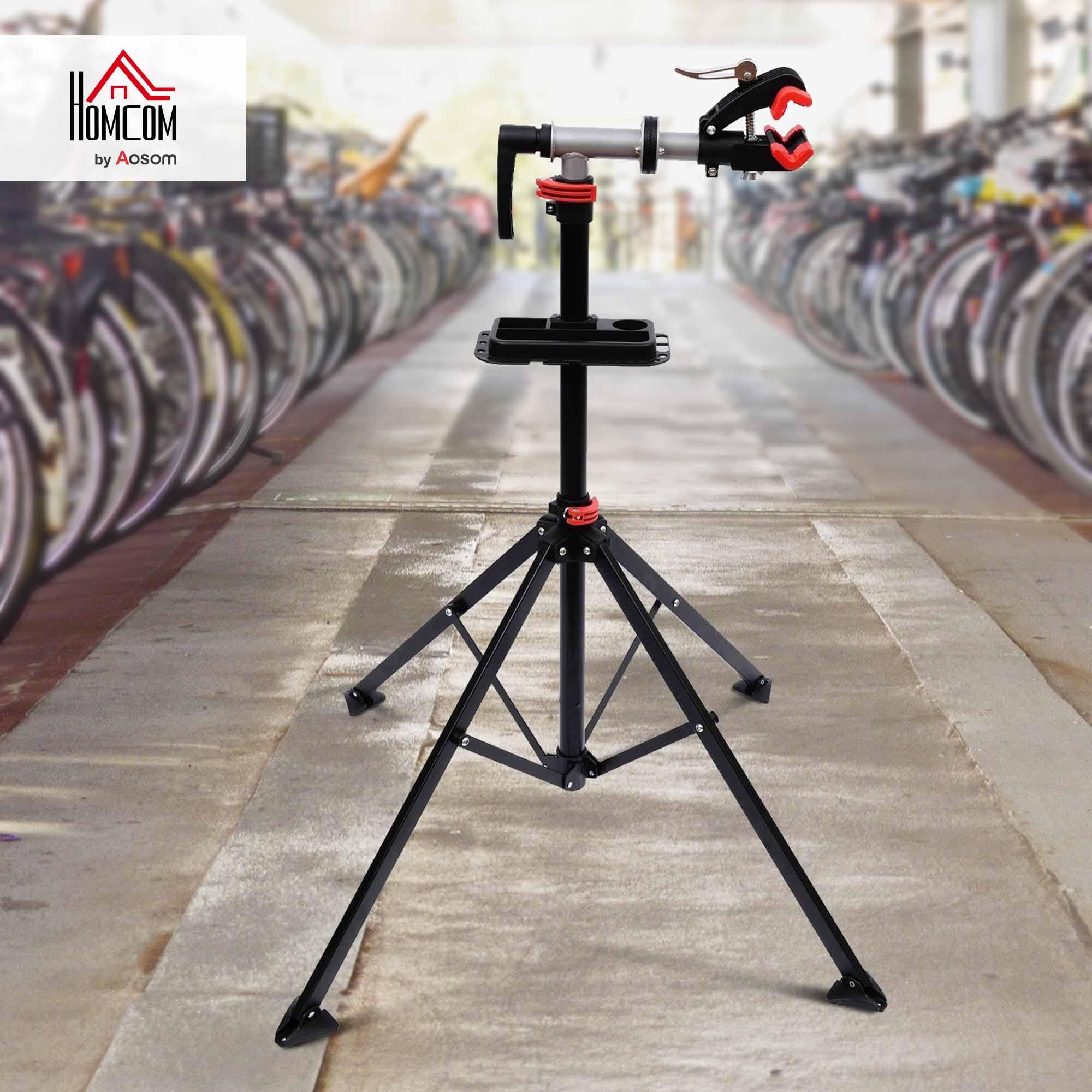 HOMCOM Cavalletto per Riparazione Bici, Cavalletto Bicicletta Pieghevole, Supporto per Manutenzione Bici Girevole a 360° con Vassoio Porta Utensili, Altezza Regolabile 109-180cm, Nero