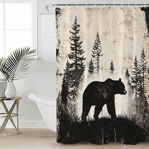Miniatura 3 de Cortina de ducha de tela impermeable retro con silueta de bosque de oso marrón, para baño, secado rápido, lavable a máquina, 72 x 72 pulgadas