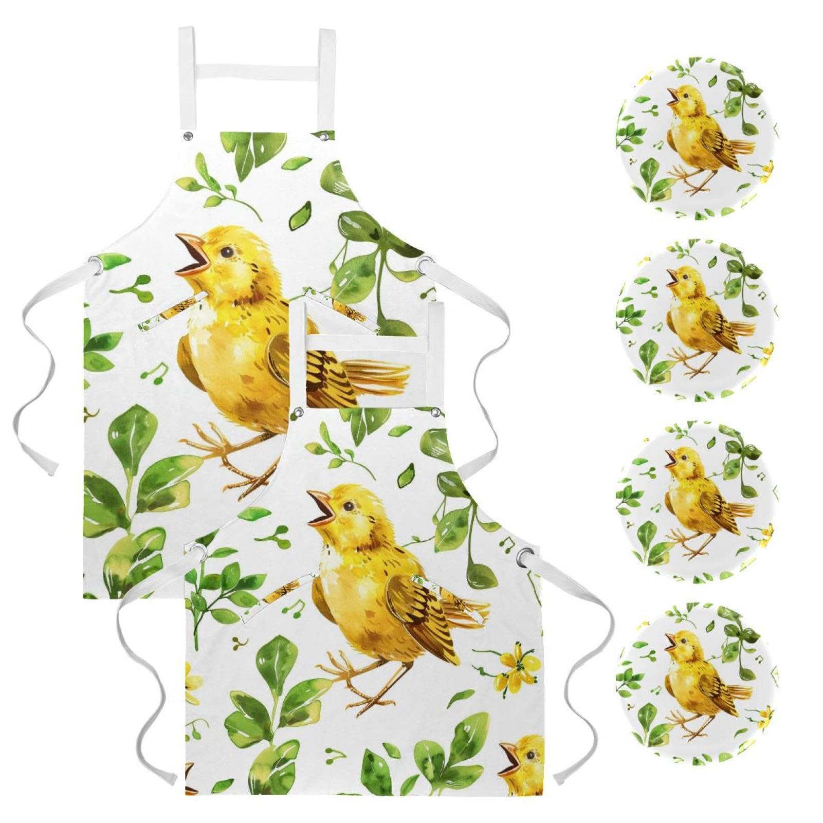 Lot de 2 tabliers de cuisine doux avec 2 grandes poches pour homme et femme Motif poussin chantant, Imprimé poussin chantant, L:26.2x34.6in/66.5x88cm;M:26.2x26.6in/66.5x67.5cm