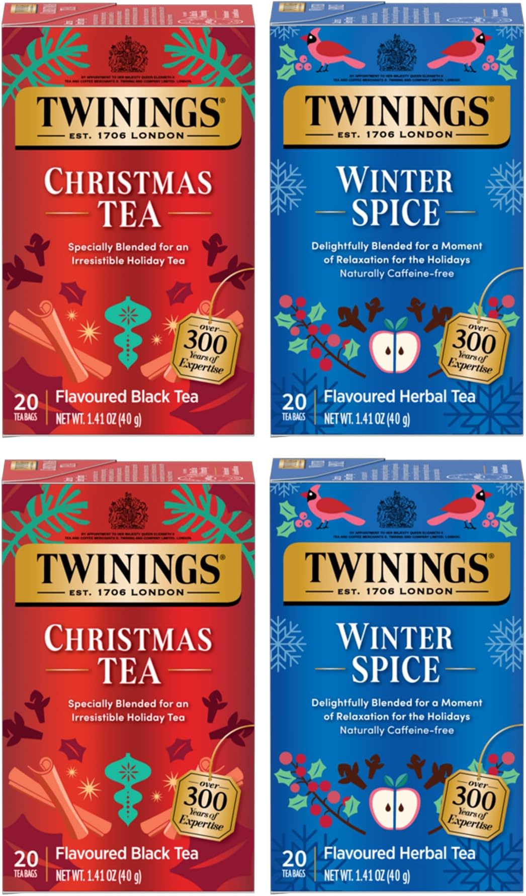 Holiday Variety Pack Tea Bags, Christmas Tea and Winter Spice, 20 Count (Pack of 4), Enjoy Hot or Iced, 80 Teabags