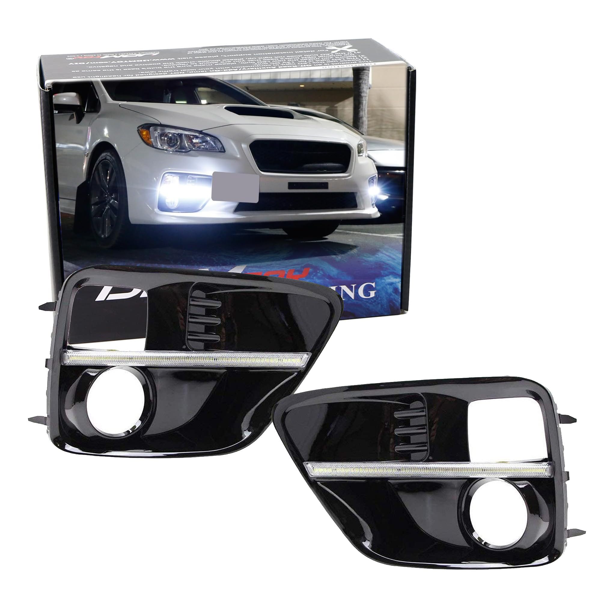 iJDMTOY iJDMTOY JDM Style Piano Black Finish LED Daytime Running Lights LED DRL Fog Lamp Bezel Covers For 2015-2017 Subaru WRX/STI Xenon White