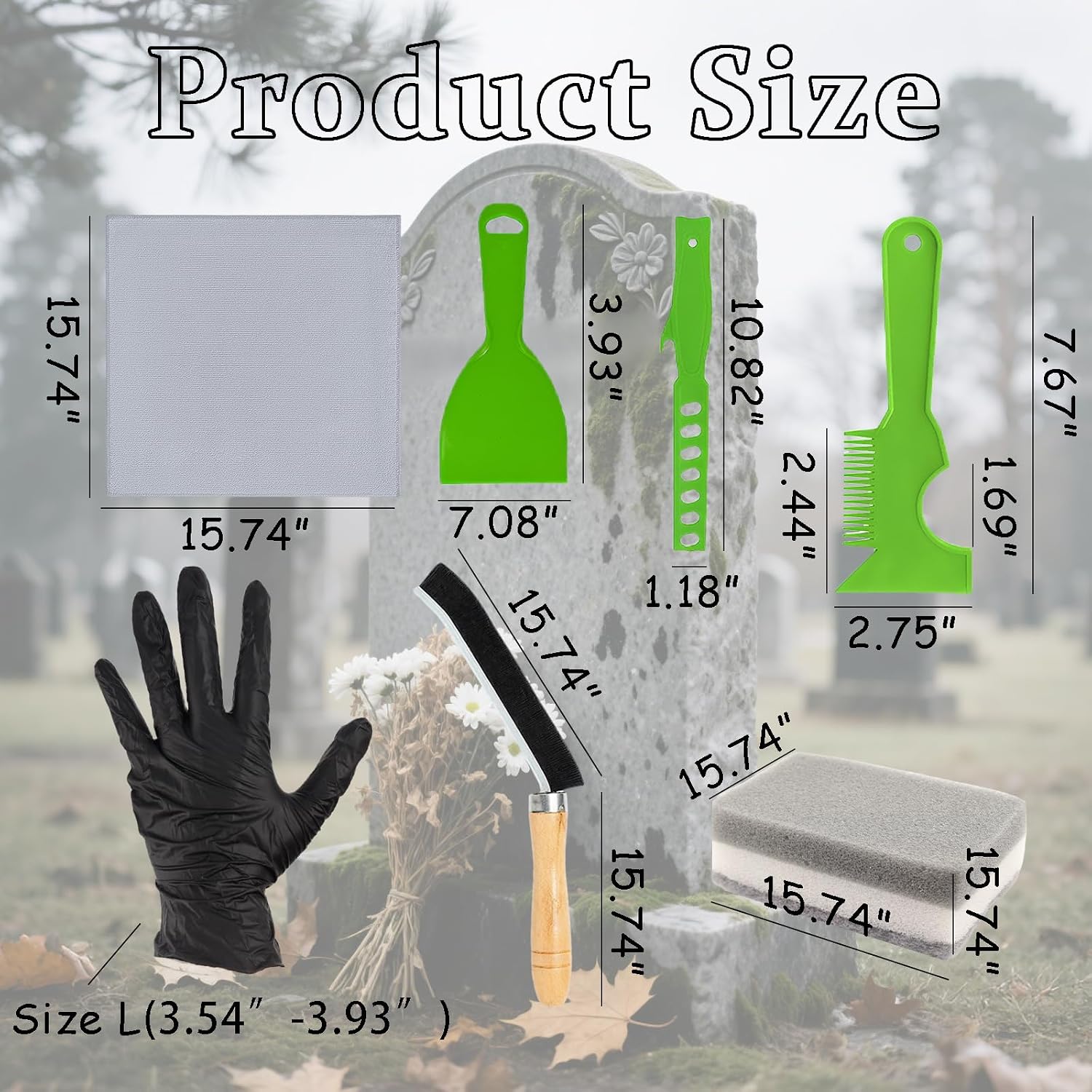 9Pcs Headstone Cleaning Kit Grave Cleaner for Granite & Stone with Microfiber Towel Bristle Crevice Brush Scrub Brush Sponge Gloves & Plastic Scraper Memorial Tombstone Care Set