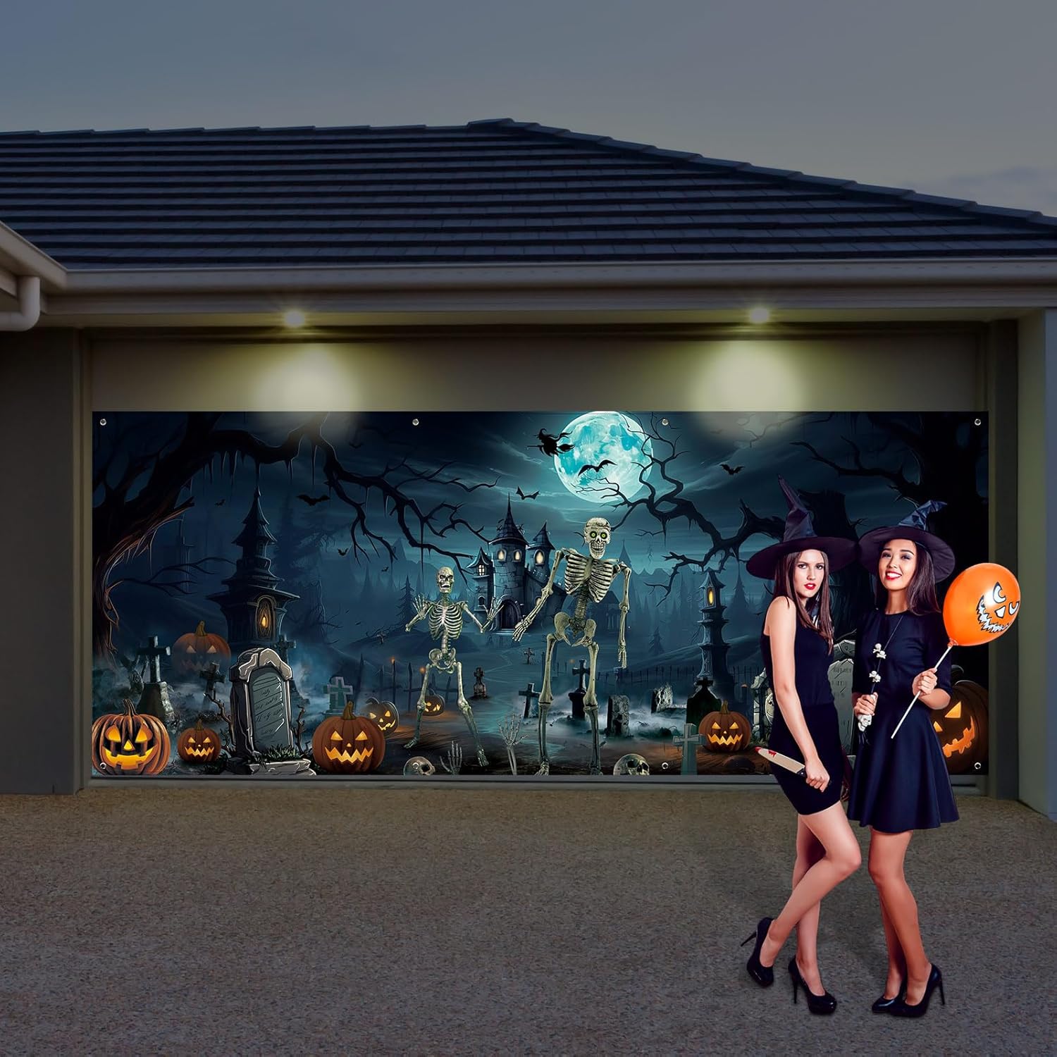 Blosssound 7x16 FT Halloween Garage Door Cover Spooky Graveyard Scene with Skeletons, Pumpkins & Haunted Buildings Outdoor Scary Backdrop Decoration for Yard, Porch, Party, Photo Booth