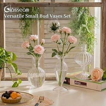 Glasseam Glass Small Bud Vases: 3 Pcs Ribbed Clear Vase for Single Flowers | Handmade, Modern, Cute Table Centerpieces, Home Decor, Living Room, Kitchen, Wedding, Party, Baby Shower