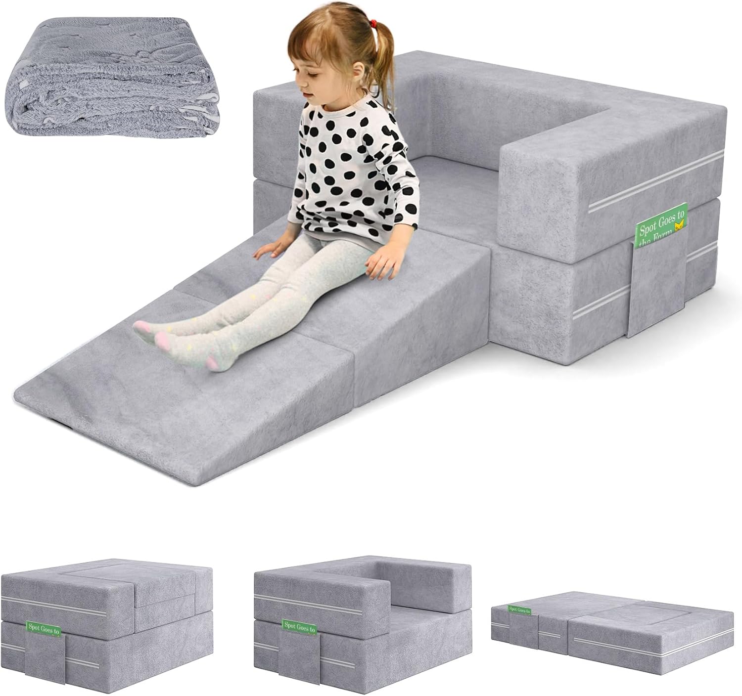 BIERUM Toddler Couch with Blanket, 3-in-1 Kids Couches and Sofas Fold Out, Convertible Sofa to Playful Slide for Girls and Boys, Extra Softer Kids Sofa Chair for Bedroom Playroom
