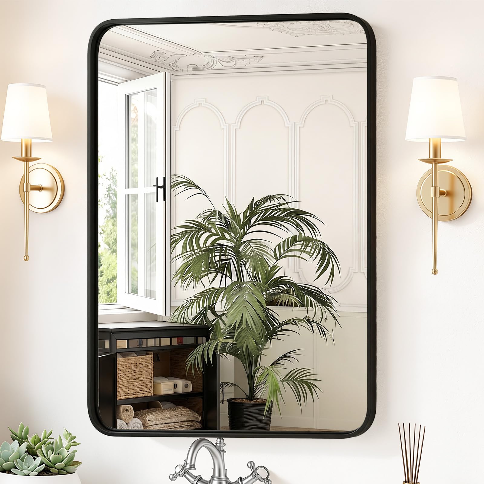 Sweetcrispy Bathroom Wall Mirror, 40x30 Inch Mirror for Over Sink, Black