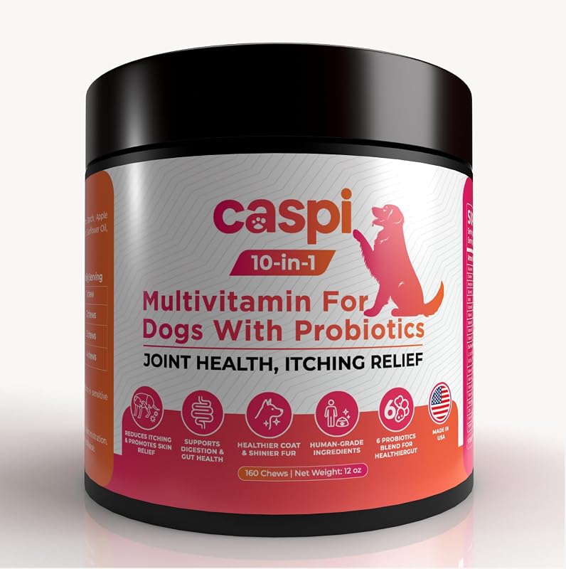 Suplemento Multivitamínico para Cães CASPI com Probióticos, Glucosamina e Óleo de Salmão, 160 Mastigáveis Macios