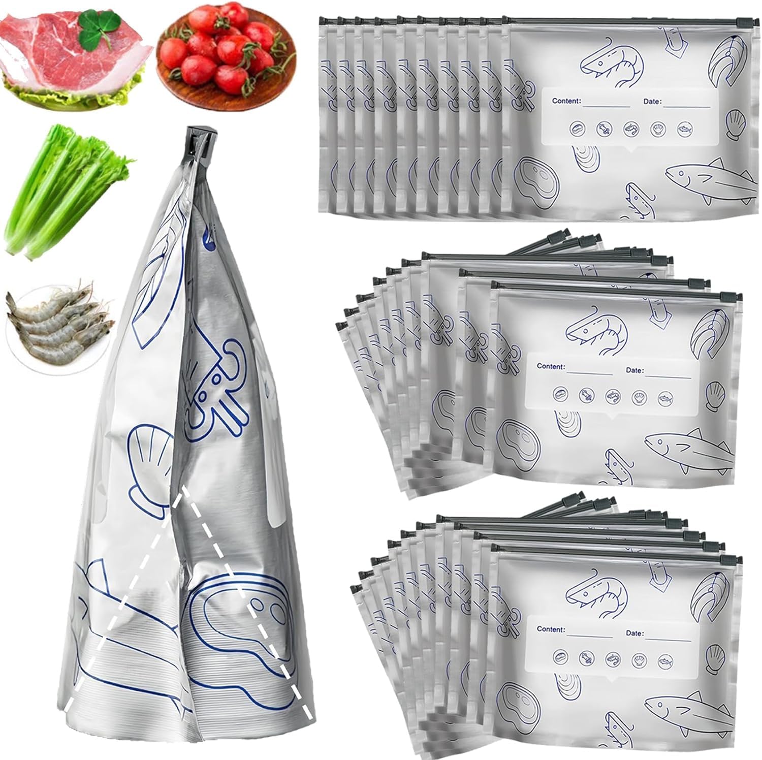 Reusable Aluminum Foil Sealable Storage Bags, Resealable Vacuum Zipper Pouches for Food, Stand Up Foil Sealable Bags with Label and Zip Lock for Vegetable Fruit Meat and Snacks (30pcs, S)