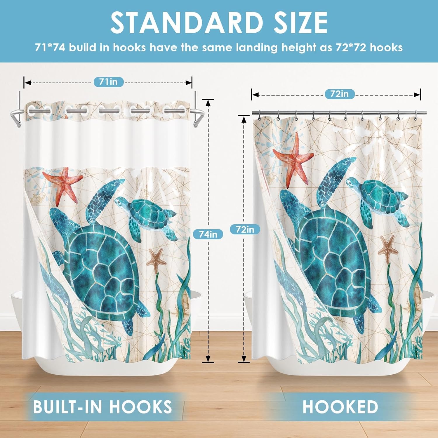 No Hook Sea Turtle Shower Curtain with Snap in Fabric Liner Set, Tropical Summer Ocean Blue Double Layers Waterproof Fabric with See Through Top Window Open Grommet Bath Curtain 71x74 Inch