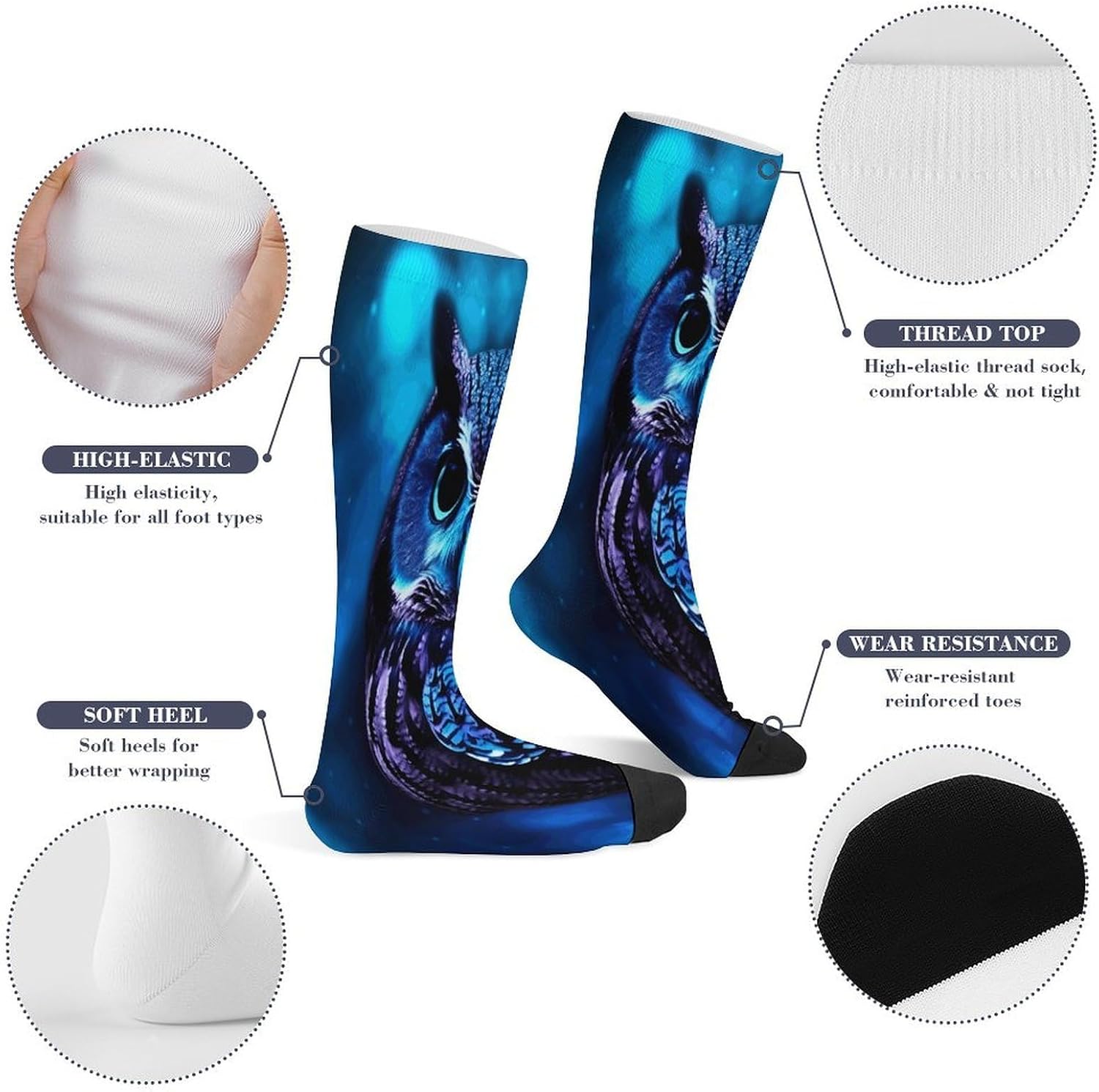 Blue Owl Mid-Calf Socks Women Warm Knee High Socks Cozy Hiking Skiing Soft Boot Mid Calf Stocking Unisex