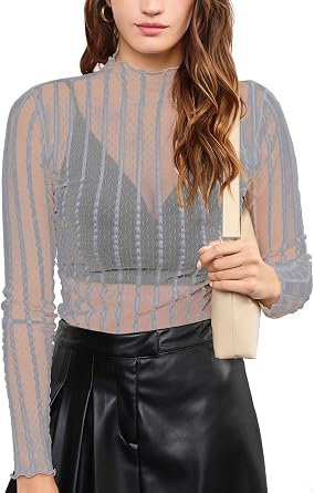 Womens Sheer Mesh Bodysuit Mock Turtleneck Lace Tops Slim See Through Long Sleeve Body Suits Sexy Shirts