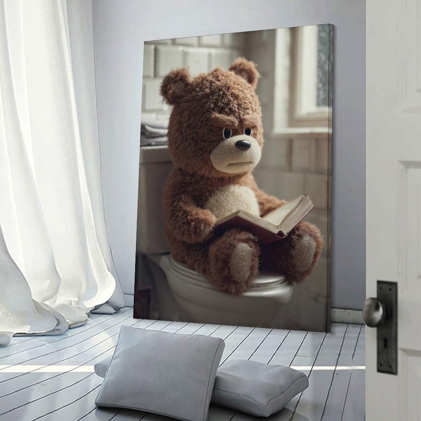Junmoney Frame-Style-19 Grumpy Teddy Bear Reading On Toilet Canvas Wall Art, 20X30inch(50X75cm), For Living Room, Bedroom Or Home Office, A Wall Art Gift For Fresh Interiors