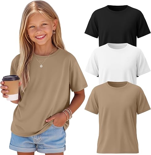LessonZoo 3 Pack Girls' Shirts Plain Summer Short Sleeve Shirts Crew Neck Tees S