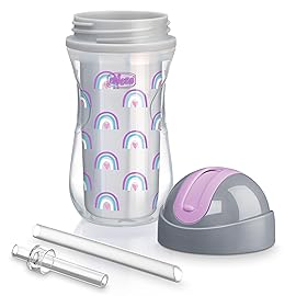 Chicco Flip-Top Straw Cup 9oz | Insulated Toddler Sippy Cup with Soft Silicone Straw | No-Spill | Easy-Clean | BPA-Free | 1pk | For Ages 12+ Months | Silver/Purple Rainbow