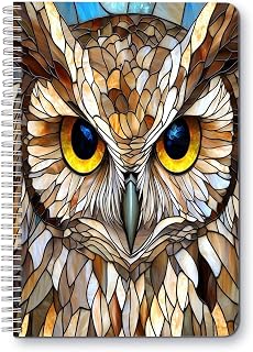 Spiral Notebook Lined College Lined Journal Composition School,College & Office Supplies,100 Pages,5.71x 8.26 in - Stained Glass Artwork of Owl