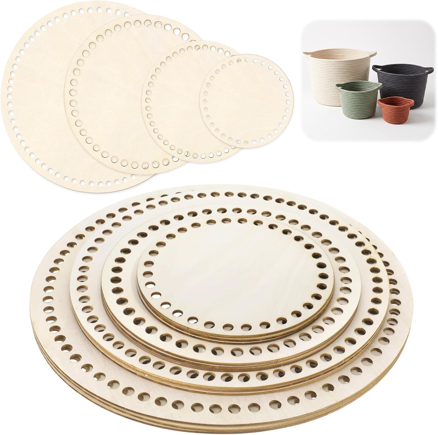 12 Pcs Wooden Crochet Basket Bottoms with Holes,Round Base for Storage
