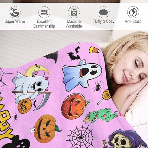 Miniatura 4 de Manta de Halloween de 60 x 50 pulgadas, bonita manta de franela de fantasma, suave felpa para sofá o cama, manta de franela de lujo (rosa)