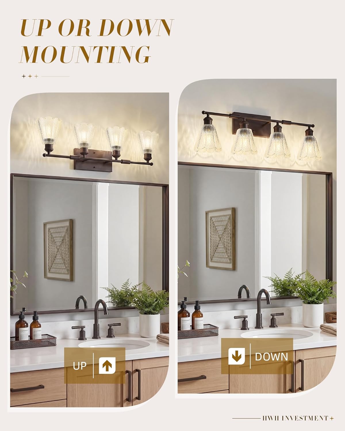 HWH 4-Light Bathroom Vanity Light, Wall Light Sconces for Bathroom, Farmhouse Bathroom Mirror Wall Light with Clear Floral Glass, Oil-Rubbed Bronze Finish, 5HJX110B-4W ORB