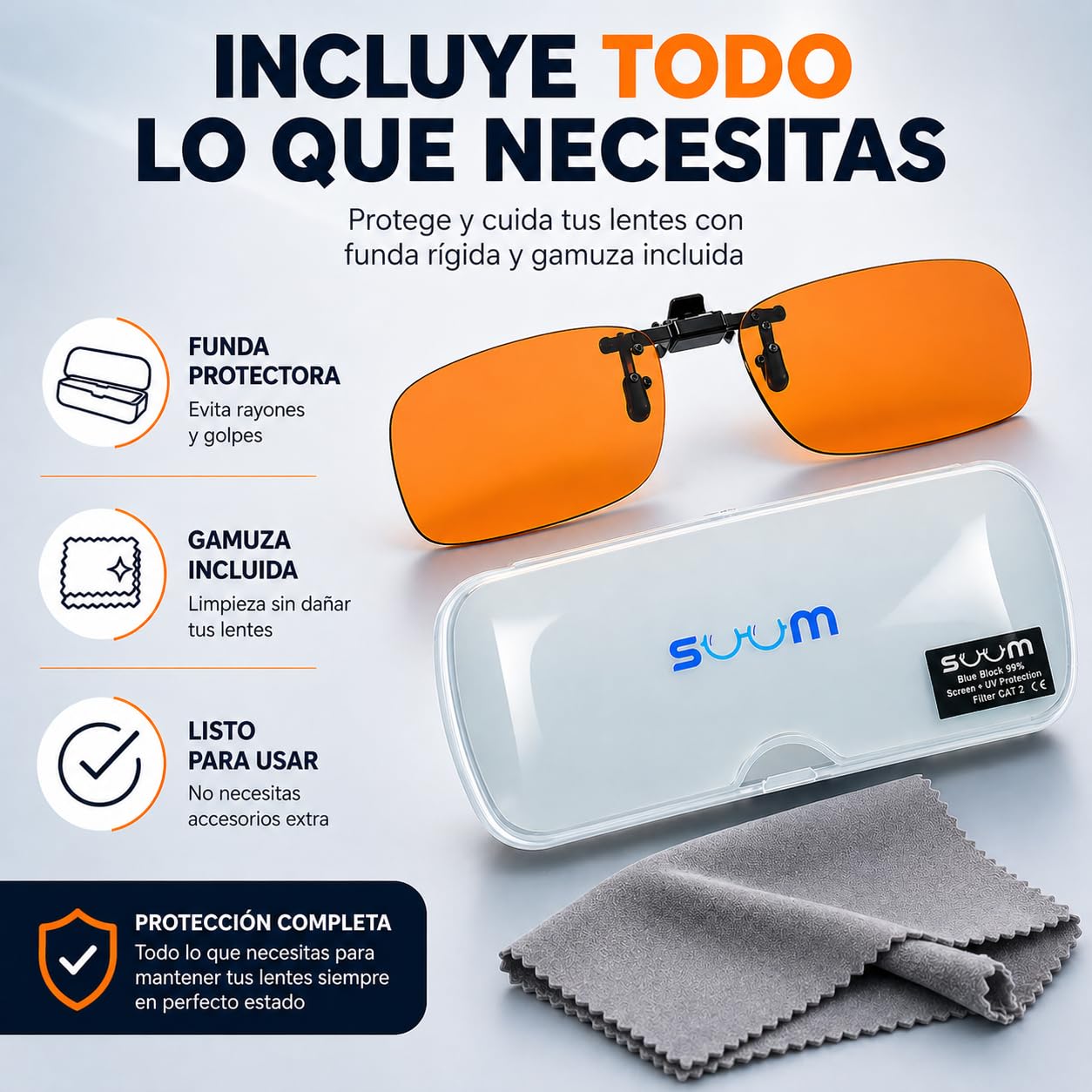 SUUM Clip-On de Pinza Abatible Filtro Luz Azul para Gafas Graduadas - Lentes Naranja Antifatiga para Pantallas y Lectura - Clip Luz Azul para Gaming y Trabajo con Visión Dual