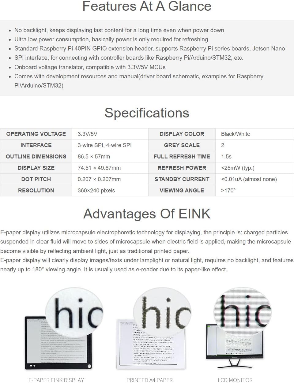 Waveshare 3.52inch E-Paper HAT Compatible with Raspberry Pi 4B/3B+/3B/2B/B+/A+/Zero/Zero W/WH/Zero 2W Supports Jetson Nano 360 × 240 Resolution SPI Interface Black/White Dual Colors