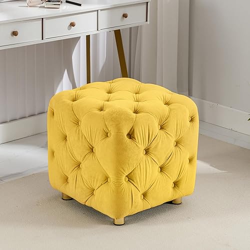 Otomana pequeña copetuda de terciopelo, reposapiés cuadrado con botones profundos y patas de metal dorado, taburete de maquillaje para sala de