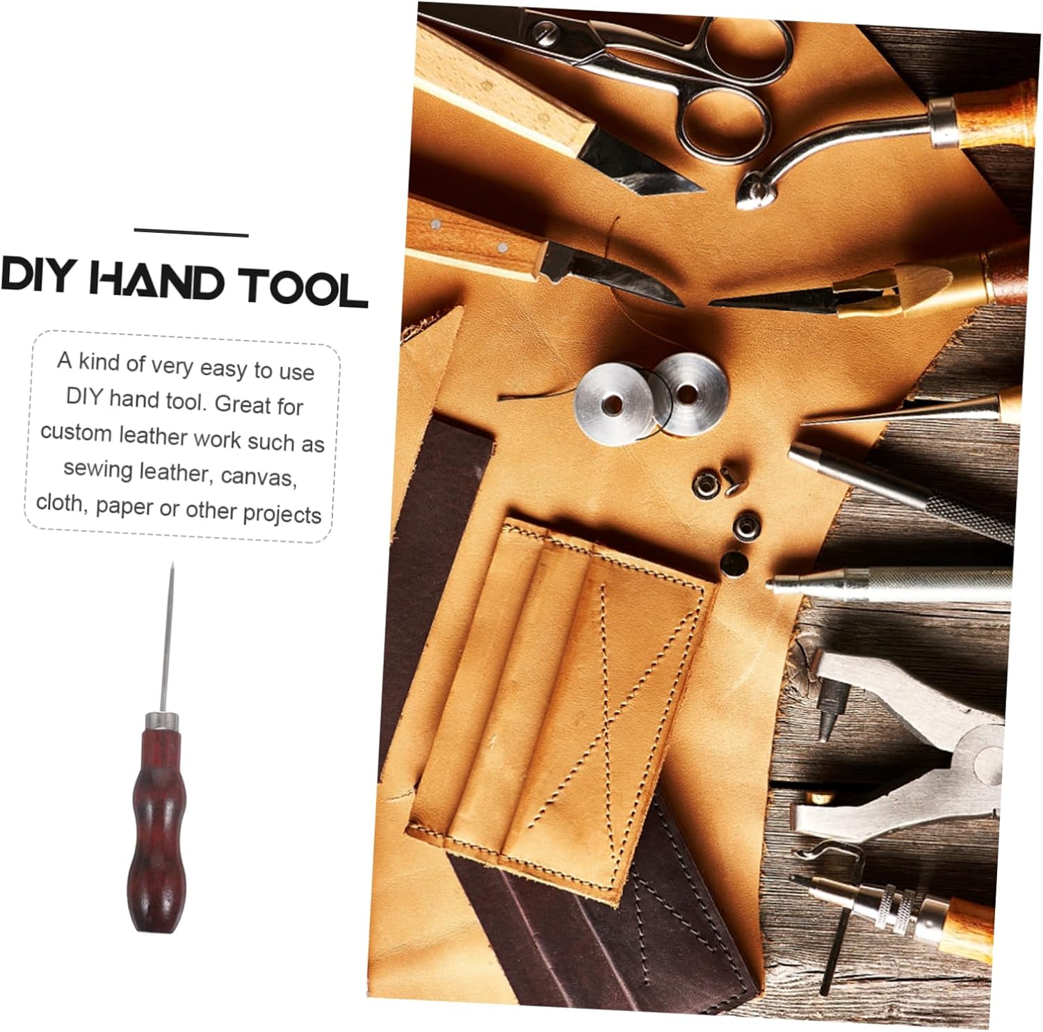 BEBEMOKO 5pcs Leatherworking Tool Set Sewing Needles Awl Wooden Handle Complete Sewing Accessories Kit for DIY and Repair