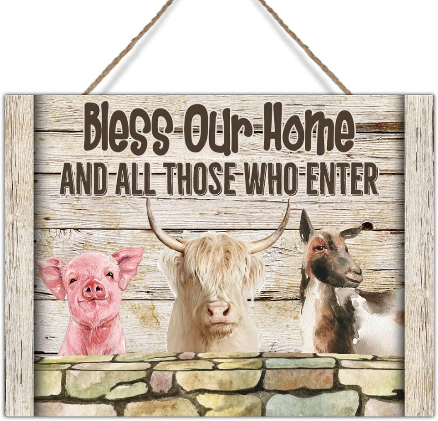 Farmhouse Rustic Sign Farmhouse Animal Pig Cow Sheep Wood Wall Art Plaques Bless Our Home and All Those Who Enter Wall Art Decor Sign for Bedroom Kitchen Front Porch 24x18in