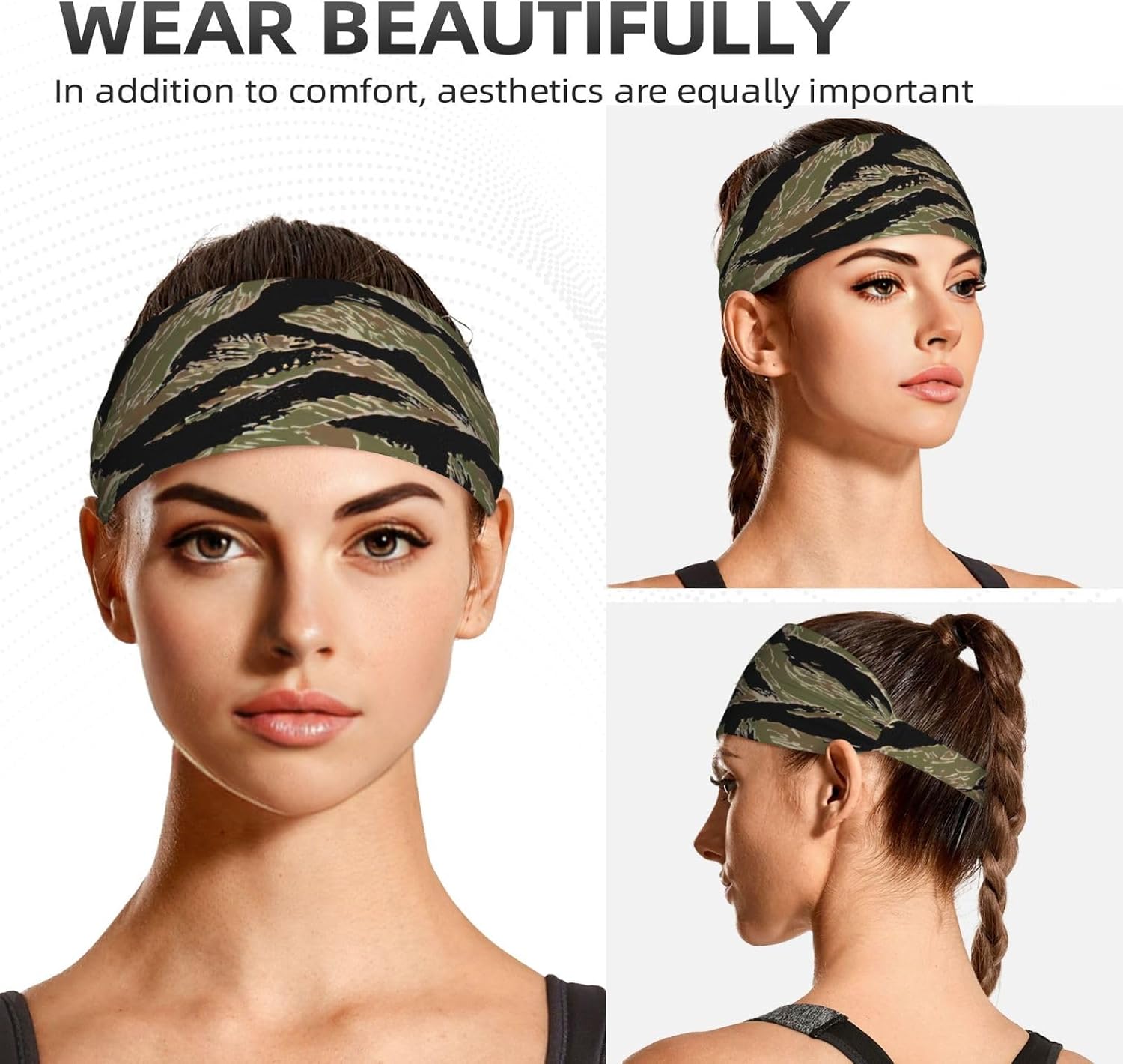 Women's and Men Tiger Stripe Camo Print Sports Headbands, Lightweight Breathable Non Slip Hairband Casual Sweatband for Hiking Running
