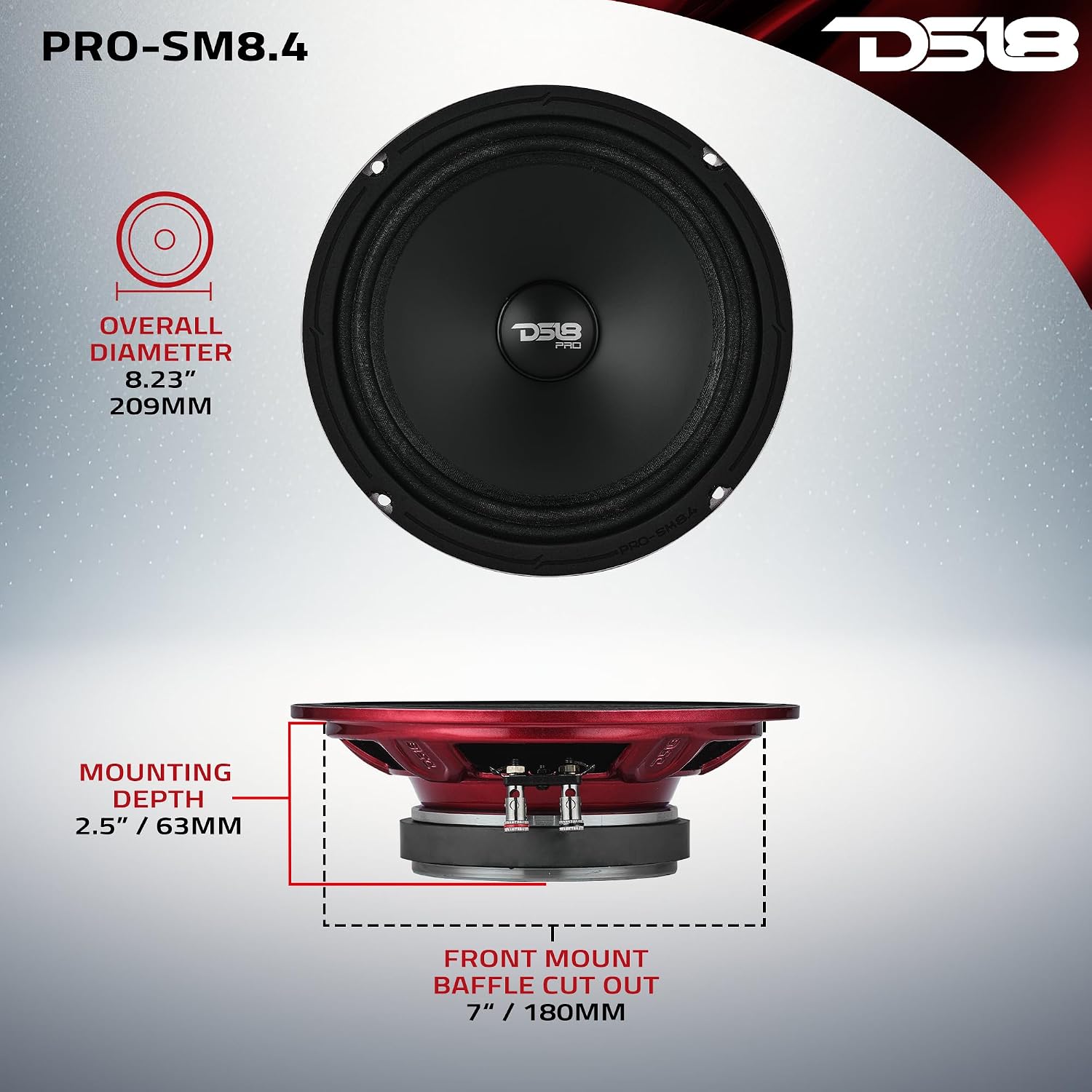 DS18 PRO-SM8.4 8-Inch Shallow Mount Midrange Speaker - 500W Max 250W RMS 4-Ohm Water-Resistant Loudspeaker for Car, Motorcycle, ATV, UTV and Powersports Off-Road Audio Systems - Single